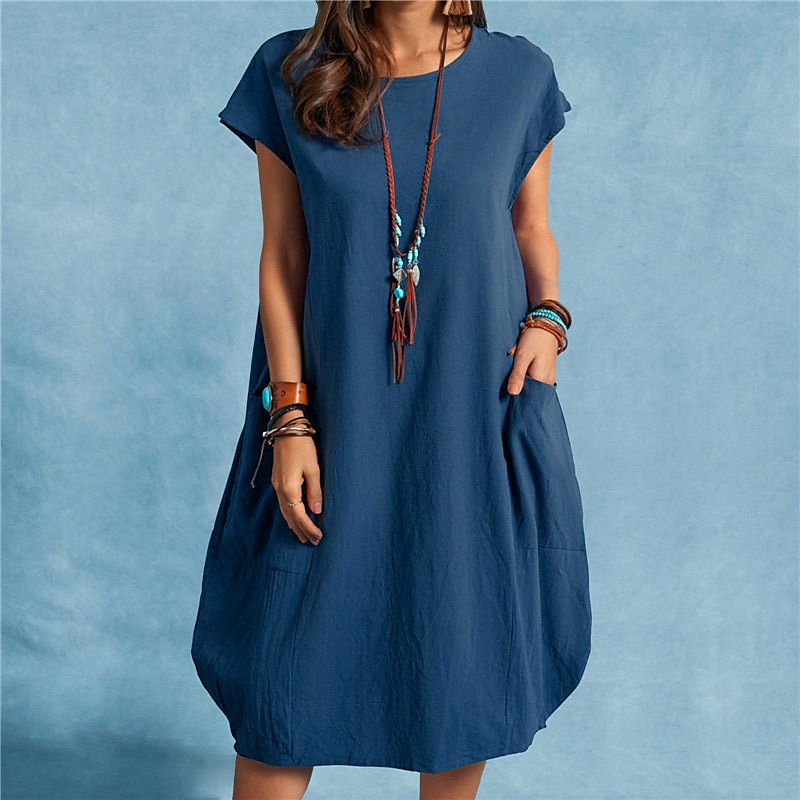 Femmes Noir Blanche bleu marine Été Printemps Robe Midi Robes inspirées du lin Robe Décontractée Robe fourreau Classique Occasionnel Extérieur Vacances Quotidien Coupe régulière Couleur Unie Col ras de 2025 ? $32.99 –P14