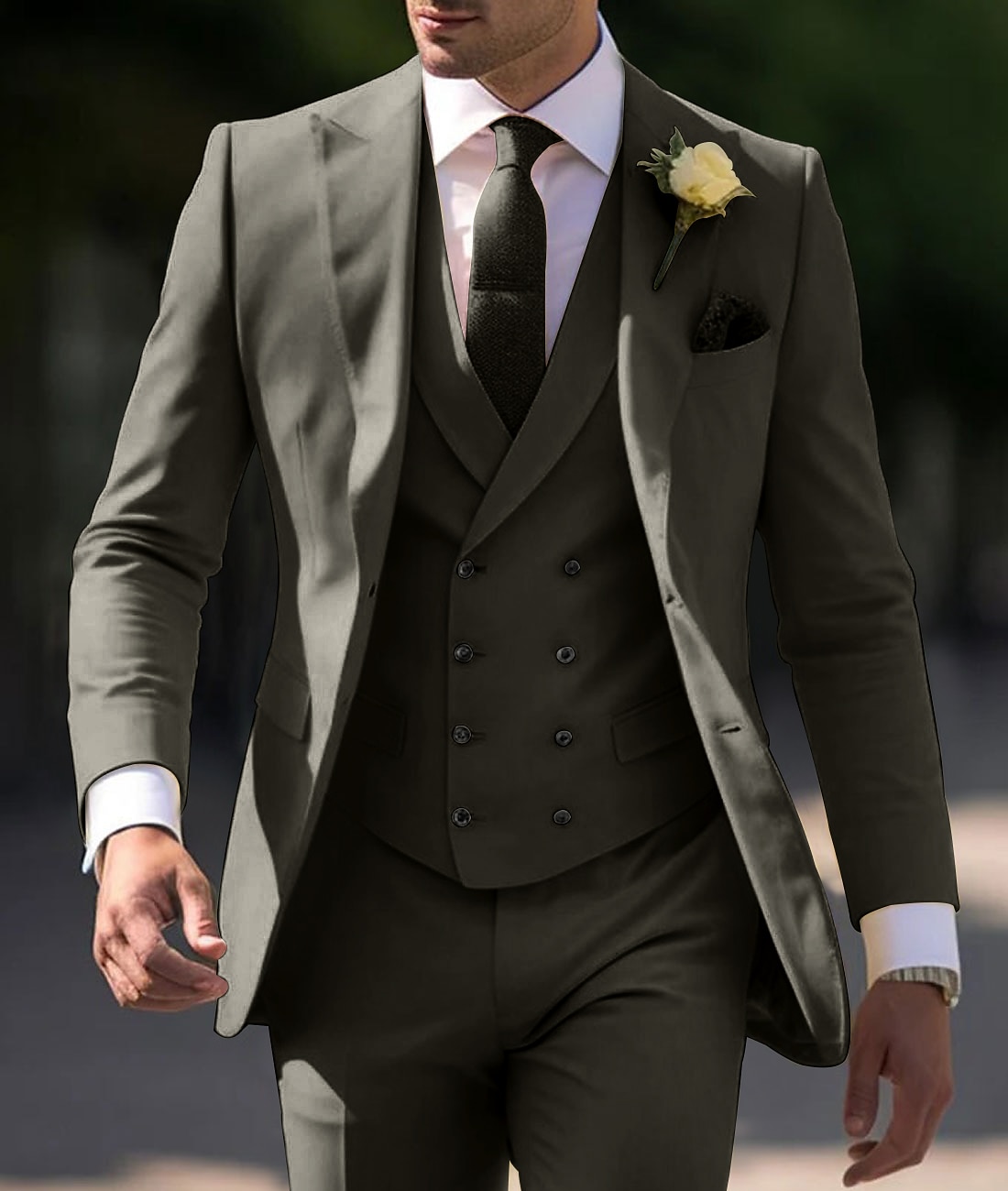 De los hombres Boda Boda de otoño Trajes Pico Amarillo Claro Marrón Color sólido Ajustado Juego de 3 piezas Recto 2 botones 2025 - $139.99 –P4