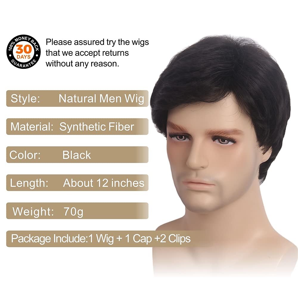 Mens Short Black Wigs Layer Wavy Wigs for Men Natural Synthetic Hair Wig for Man Men Guy Cosplay Anime Party Costume Anime 2026 - $27.99 –P2
