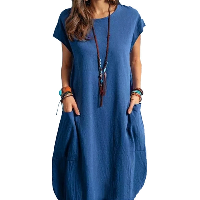 Femmes Noir Blanche bleu marine Été Printemps Robe Midi Robes inspirées du lin Robe Décontractée Robe fourreau Classique Occasionnel Extérieur Vacances Quotidien Coupe régulière Couleur Unie Col ras de 2025 ? $32.99 –P13