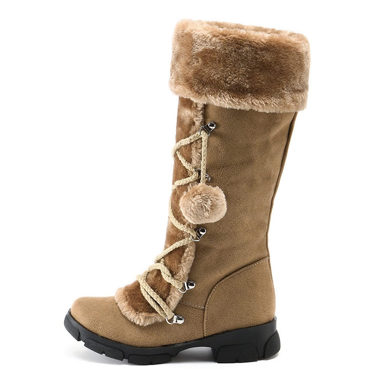 botas de inverno femininas de pele sintética preta com cadarços de pompom - isolamento quente, design na altura do joelho, solas antiderrapantes para clima frio e dias de neve de 2025 por $59.99 –P5