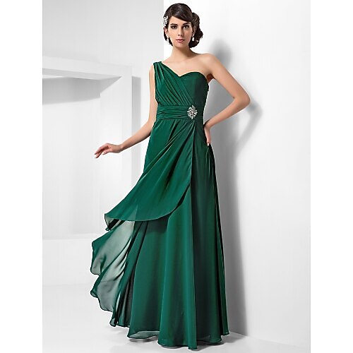 Sheath / Column Open Back Formal Evening Military Ball Dress One Shoulder Sleeveless Floor Length Chiffon with Ruched Crystals Draping 2022 2026 - $114.99 –P2