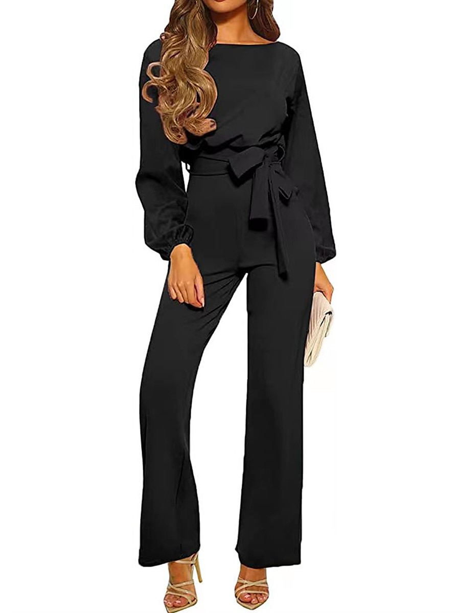 Női Szabályos Jumpsuitek Elegáns Tömör szín Hosszú ujj Terített nyak Fűzős Magas derék Munka Utca Normál Fekete Sárgabarack Ősz 2025 - GBP £41.54 –P1