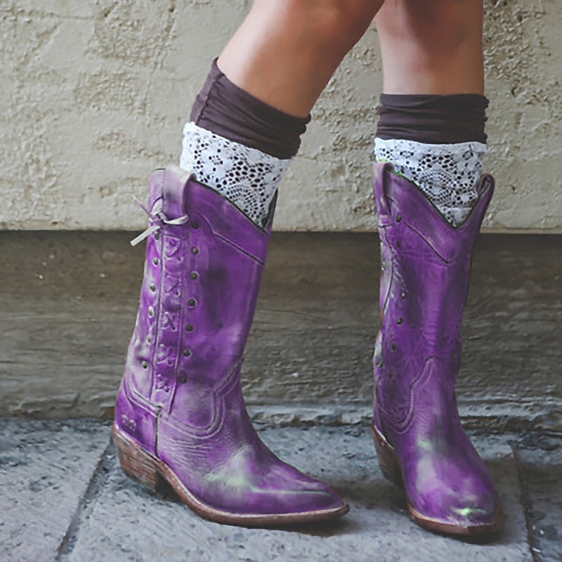 Women's Vintage Brown Leather Knee-High Cowboy Boots - Western Style with Distressed Finish 2026 - $69.99 –P1