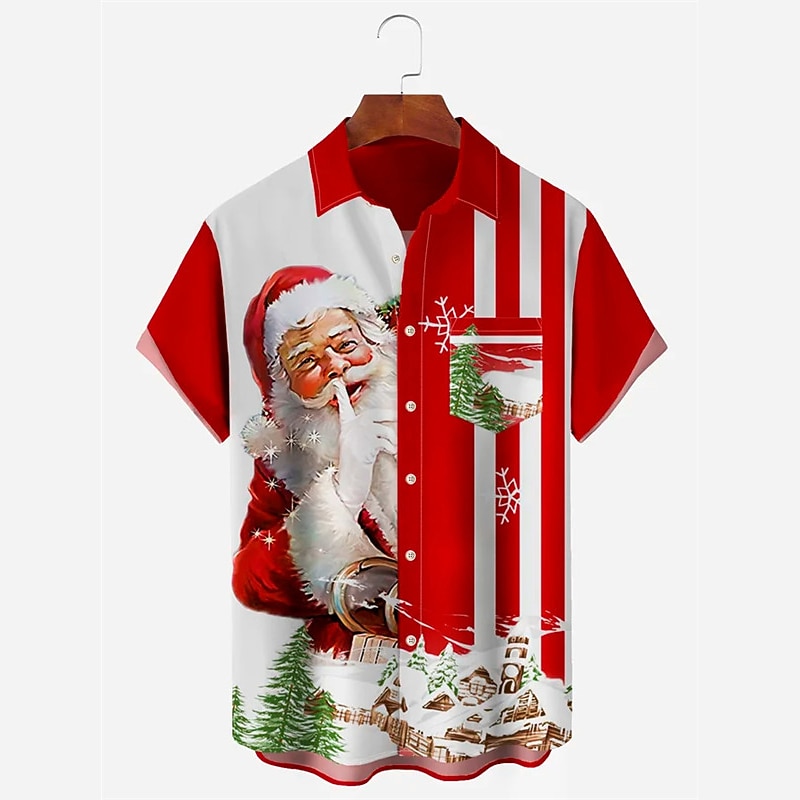 chemises imprimées père noël pour hommes, manches courtes décontractées, tenue quotidienne, sortie week-end, automne / automne, poche rabattue, imprimé boutonné, jaune, rouge, bleu, vert, tissu de 2025 ? $24.99 –P4
