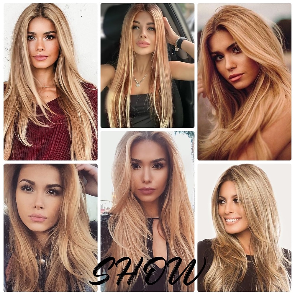 lange blonde pruiken voor blanke vrouwen gelaagde rechte aardbeiblonde pruiken met donkere wortels 25 inch synthetisch haar dagelijkse cosplay halloween pruik 2026 - $18.99 –P6