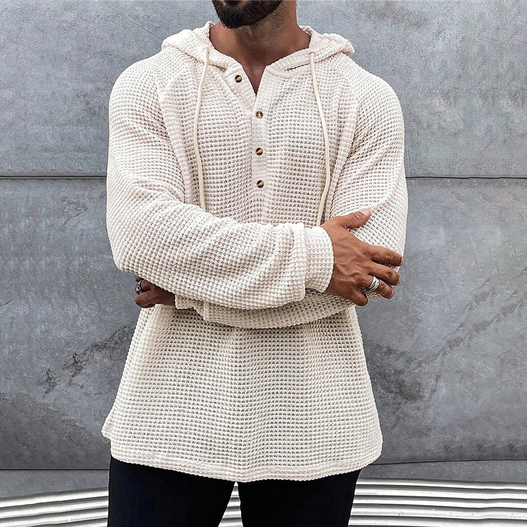 Herren Waffelhemd T Shirt Henley Hemd T-Shirt Langarm Mit Kapuze Frühling & Herbst Einfach Mode Designer Basic Gestrickt Urlaub Straße Ausgehen Grün Kaki Beige Top T-Shirt für Herren 2026 - $23.99 –P5