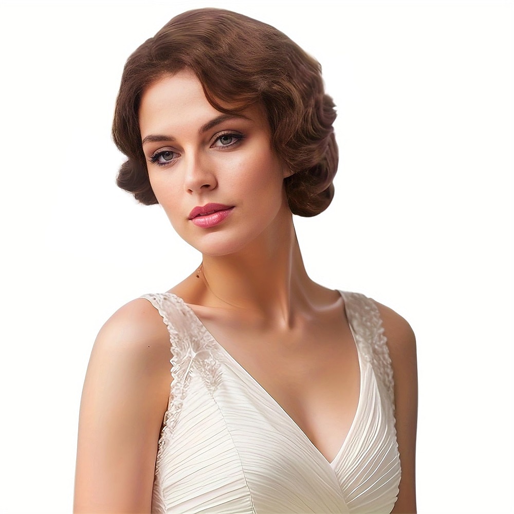 Krátké popelavě hnědé paruky pro ženy přírodní prstová vlna syntetická paruka pro ženy dámy cosplay anime party kostýmy anime flapper paruka halloweenské paruky 2025 - $18.49 –P16