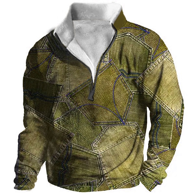 Voor heren Grafisch Lapwerk Denim Sweatshirts Sweatshirt Sweatshirt met rits Lange mouw Trui Kwart ritssluiting Dagelijks Basic Casual 3D-afdrukken Vakantie Feestdagen Uitgaan Afdrukken Fleece Herfst 2025 - $43.99 –P3