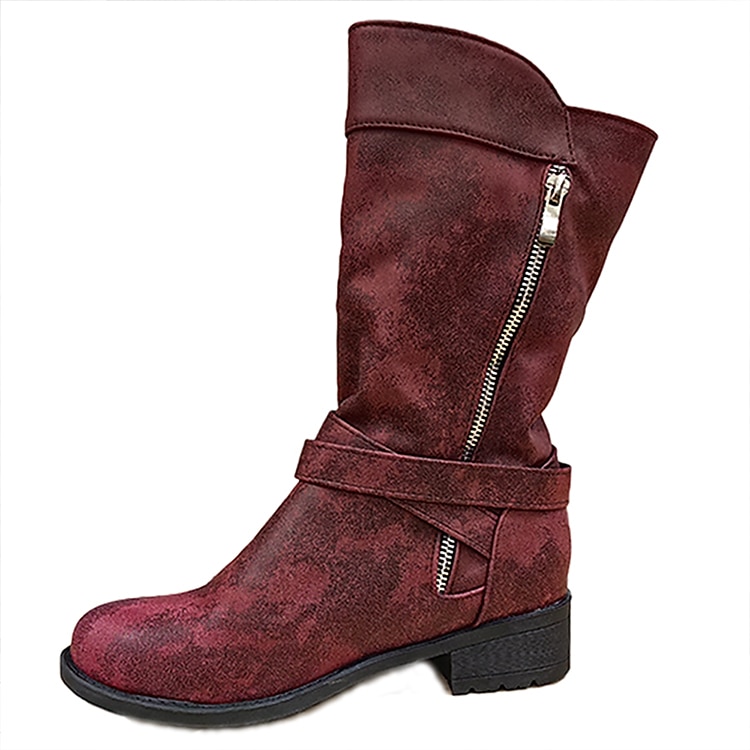Rote Vintage-Kunstlederstiefel für Damen – stilvolles kniehohes Design mit doppelten Schnallenriemen, seitlichem Reißverschluss und bequemer Sohle – perfekt für Herbstmode und Freizeitausflüge 2025 - $64.99 –P2