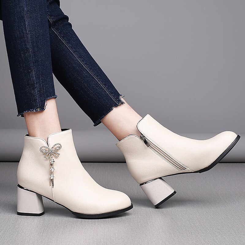 Women's Heels Boots Plus Size Heel Boots Outdoor Daily Booties Ankle Boots Winter Rhinestone Bowknot Chunky Heel Round Toe Elegant Vintage Sexy PU Zipper Black Beige 2023 - AED 151 –P2