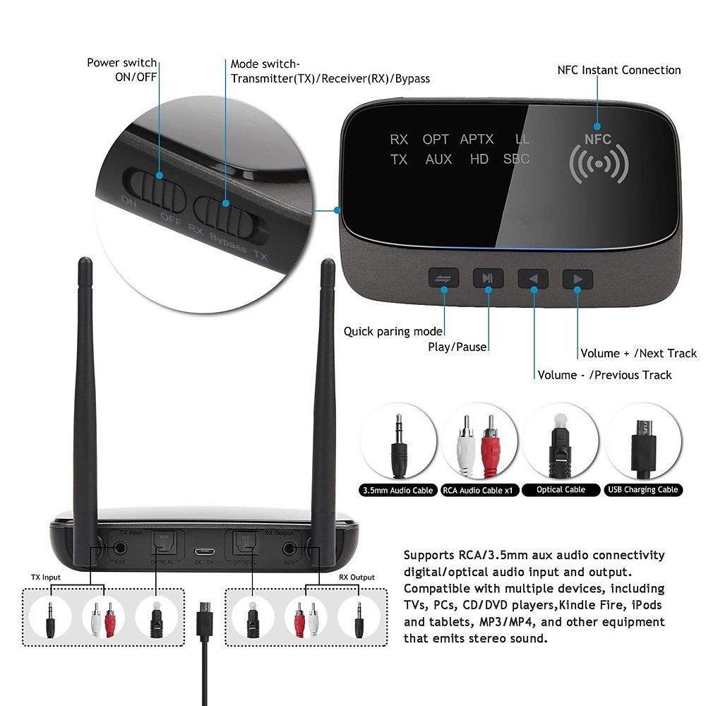 2026年 NFC 262フィート/80メートル長距離Bluetooth 5.0トランスミッターレシーバー3 in1音楽オーディオアダプター低遅延aptx hd spdif rca aux 3.5ミリメートルテレビ  コレクション – $78.99 –P6