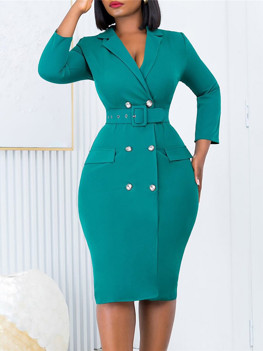 Women's Work Dress Blazer Dress Sheath Dress Fashion Winter Dress Office Daily Midi Dress Pocket Double Breasted Shirt Collar Long Sleeve Plain Regular Fit Yellow Green Dark Blue Fall Winter S M L XL 2023 - AED 156.99 –P1