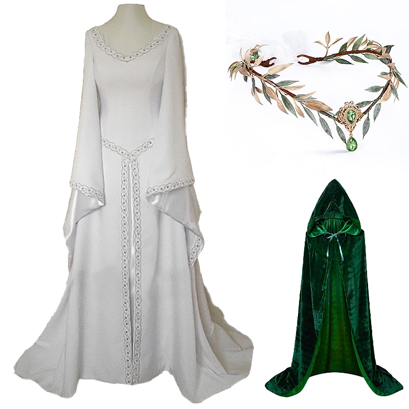 conjuntos com vestido irlandês glamour noiva elfo coroa capa com capuz 3 peças feminino medieval steampunk renascentista retrô vintage roupas viking fantasias de cosplay larp de 2025 por $64.99 –P6