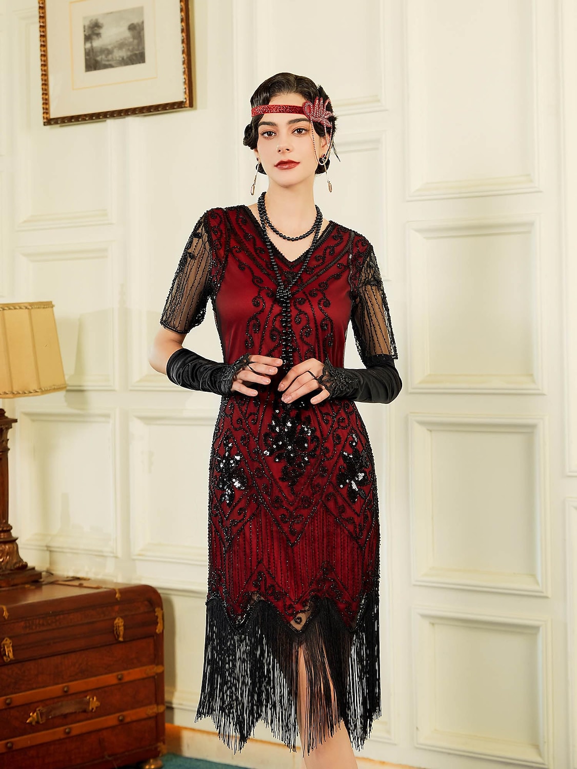 Retro Vintage Roaring 20s 1920s Flapper Dress Outfits Accessories Set The Great Gatsby Wedding Guest Sequins Tassel Fringe Sequin Tassel V Neck Women's Halloween Carnival Masquerade Carnival Party 2025 - $57.99 –P17