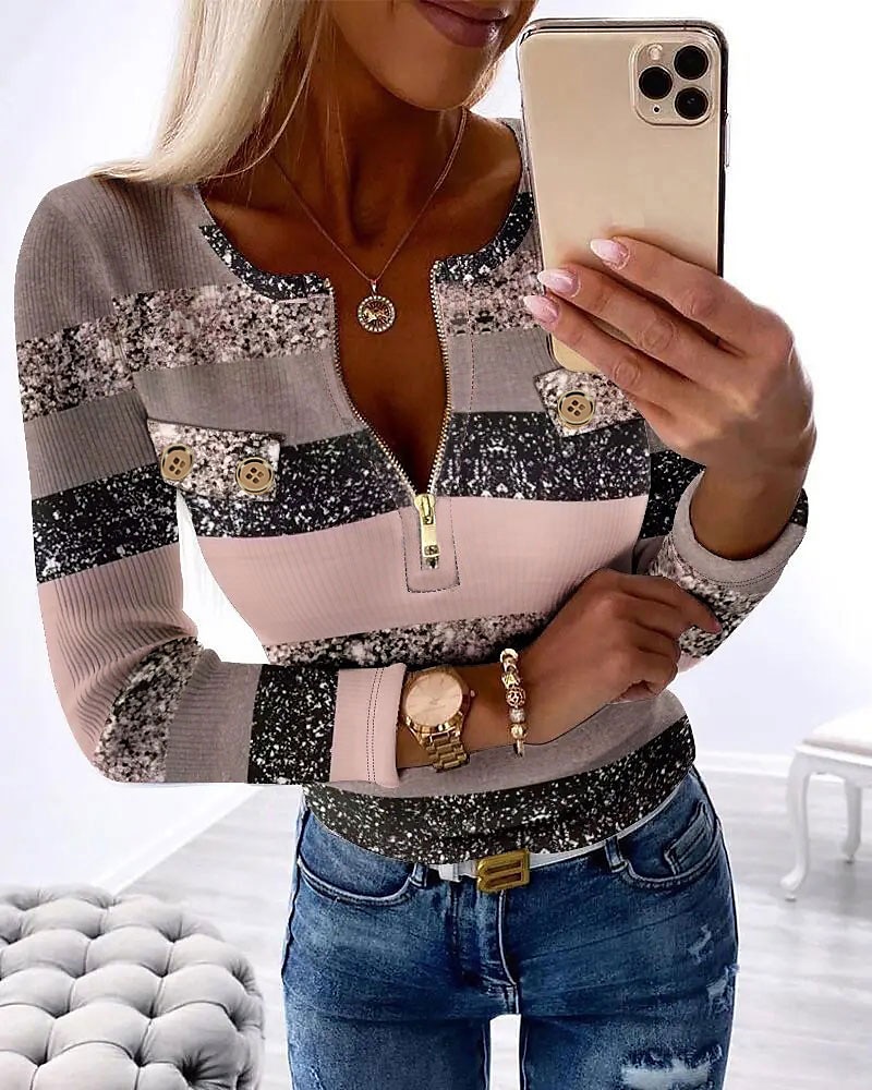 Women's T Shirt Color Block Fashion Long Sleeve Round Neck Half Zip Regular Tops Daily Weekend Print Quarter Zip Pink Blue Purple Green Gray Spring & Fall 2025 - $25.99 –P3