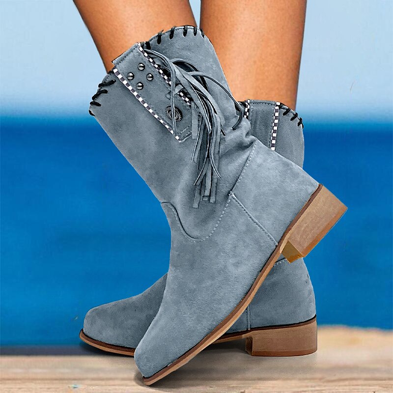 Women's Beige Suede Western Boots with Fringe and Studded Details – Casual Cowgirl Style for Outdoor and Festival Wear 2025 - $54.99 –P3