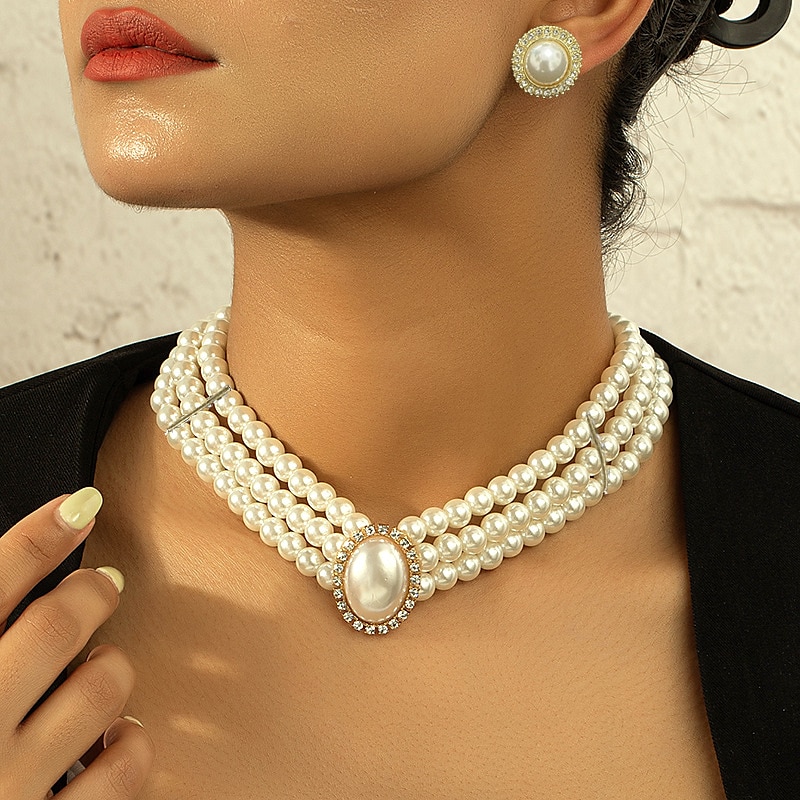Schmuckset 1 Set Künstliche Perle Strass 1 Halskette Ohrringe Damen Elegant Einfach Layer-Look Schmuck-Set Für Hochzeit Party kleid hochzeitsgast 2025 - $13.99 –P1