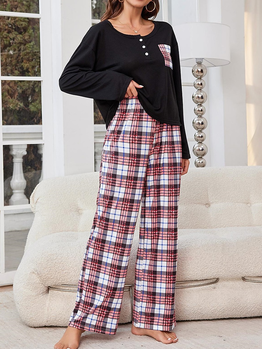 pyjamasset för kvinnor rutnät / pläd avslappnad komfort hemsäng som andas med rund hals långärmad t-shirt t-shirt byxknappficka höst vinter hemkläder 2025 - $27.99 –P4