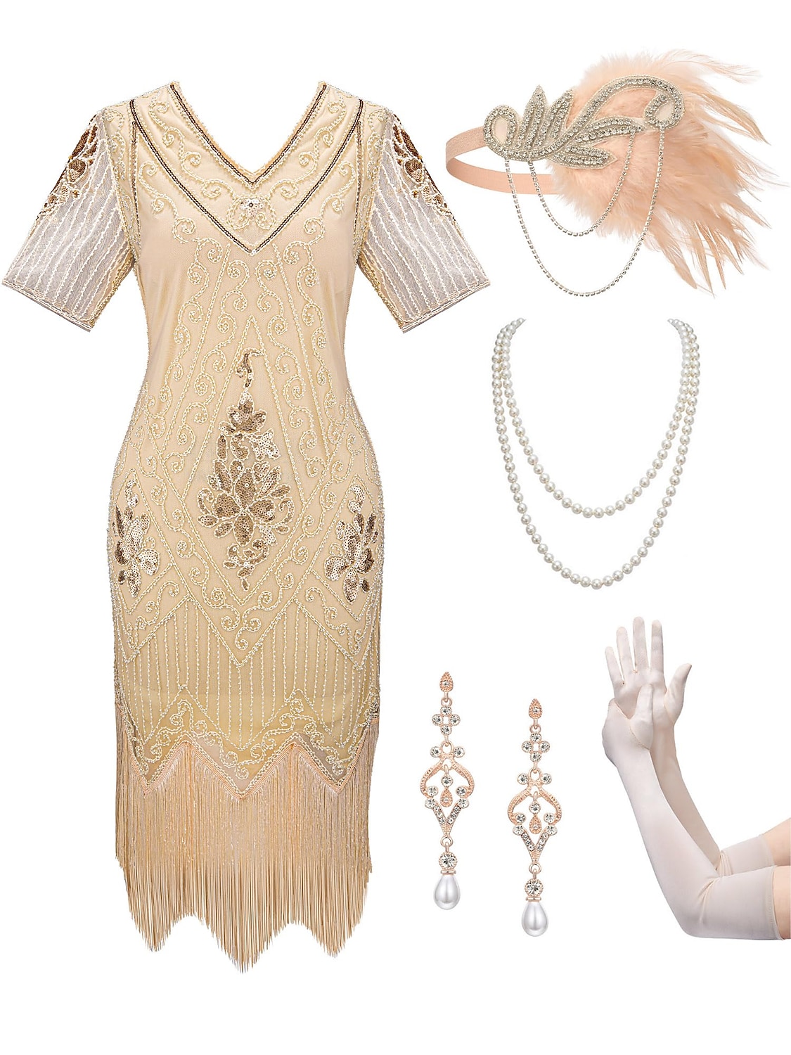 Retro Vintage Roaring 20s 1920s Flapper Dress Outfits Accessories Set The Great Gatsby Wedding Guest Sequins Tassel Fringe Sequin Tassel V Neck Women's Halloween Carnival Masquerade Carnival Party 2025 - $57.99 –P19