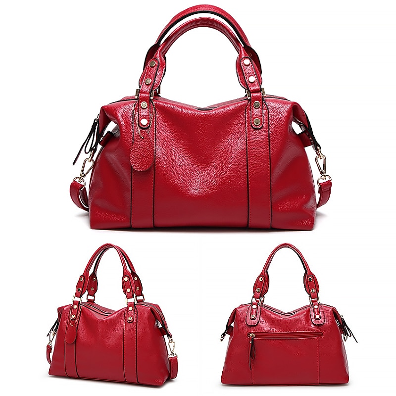 Dam Handväska Crossbody-väska Axelväska Boston väska PU läder Kontor Dagligen Helgdag Nit Dragkedja Stor kapacitet Multi Carry Ensfärgat Svart Rubinrött Blå 2025 - $42.99 –P9
