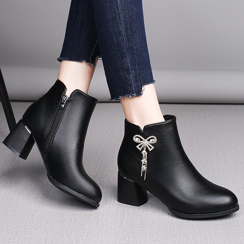 Women's Heels Boots Plus Size Heel Boots Outdoor Daily Booties Ankle Boots Winter Rhinestone Bowknot Chunky Heel Round Toe Elegant Vintage Sexy PU Zipper Black Beige 2023 - AED 151 –P7