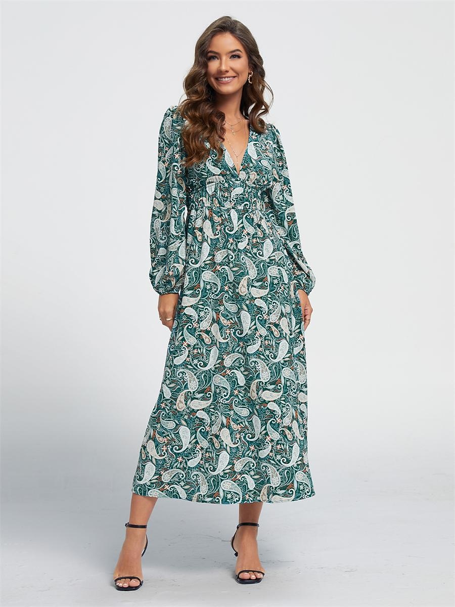 robe midi décontractée à motif cachemire et col en V de 2026 ? $91.99 –P1