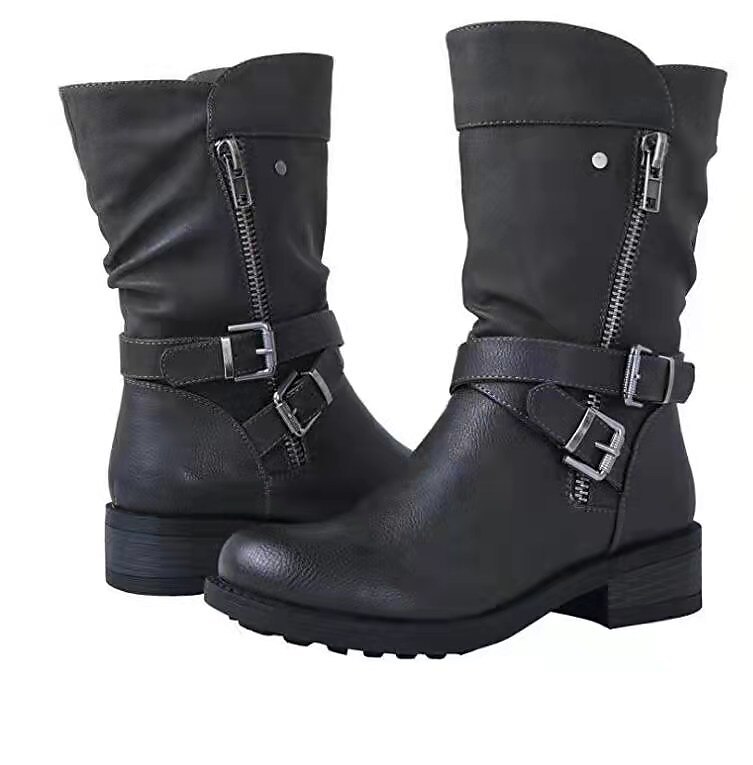 Rote Vintage-Kunstlederstiefel für Damen – stilvolles kniehohes Design mit doppelten Schnallenriemen, seitlichem Reißverschluss und bequemer Sohle – perfekt für Herbstmode und Freizeitausflüge 2025 - $64.99 –P5