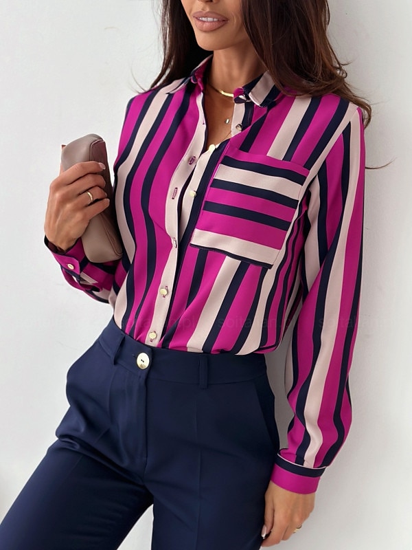 Damen Hemd Bluse Mode gestreift Knöpfe Tasche Druck Langarm normale Oberteile Hemdkragen Arbeit rot königsblau blau fuchsia braun Frühling&amp;  fallen 2025 - $26.99 –P5