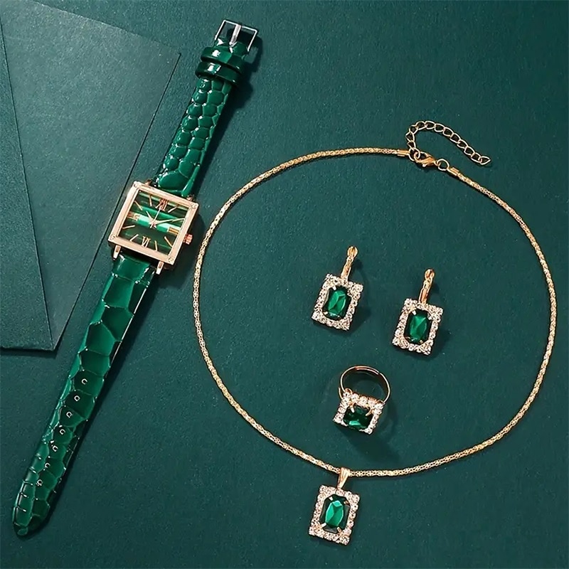 Set 5 buc. Ceas pentru femei Ceas vintage cu cadran pătrat Quartz Ceas analogic Verde și set de bijuterii cu rhinestone Cadou de Ziua Mamei pentru mama ei 2026 - $18.99 –P4