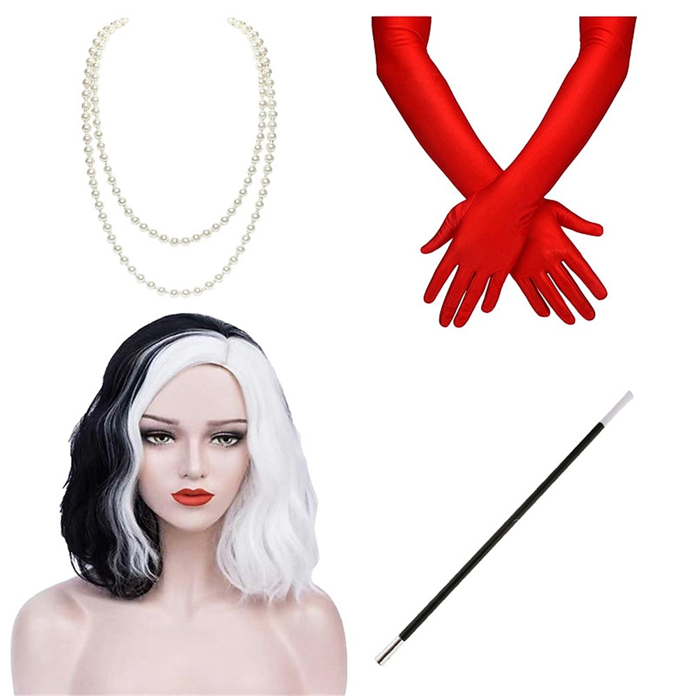 Set de peluca de villana de moda en blanco y negro con bob partido para cosplay de Halloween 2026 - $25.99 –P5