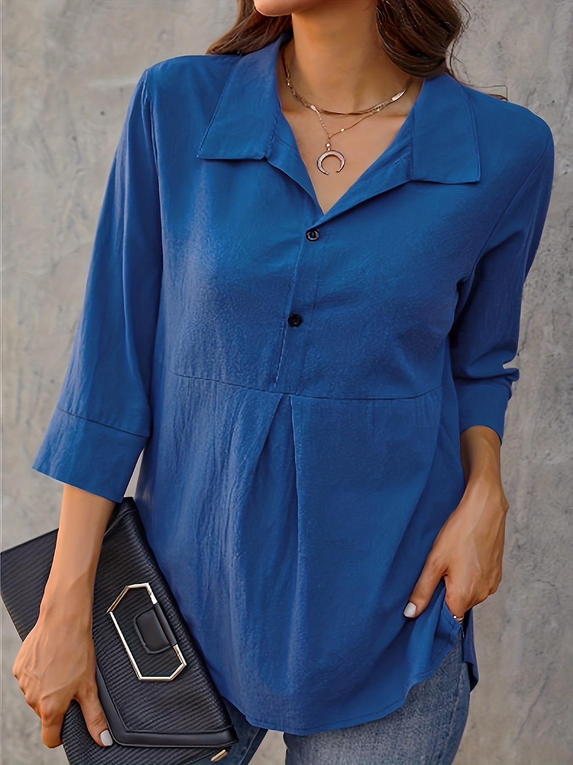 Dames Grote maten Overhemd Linnen-geïnspireerde overhemden Effen Modieus Casual 3/4 mouw Bel V-hals Overhemdkraag Normale tops Casual Feestdagen Wit Marine Blauw Stoffig blauw Lente & Herfst Alle 2025 - $29.99 –P1