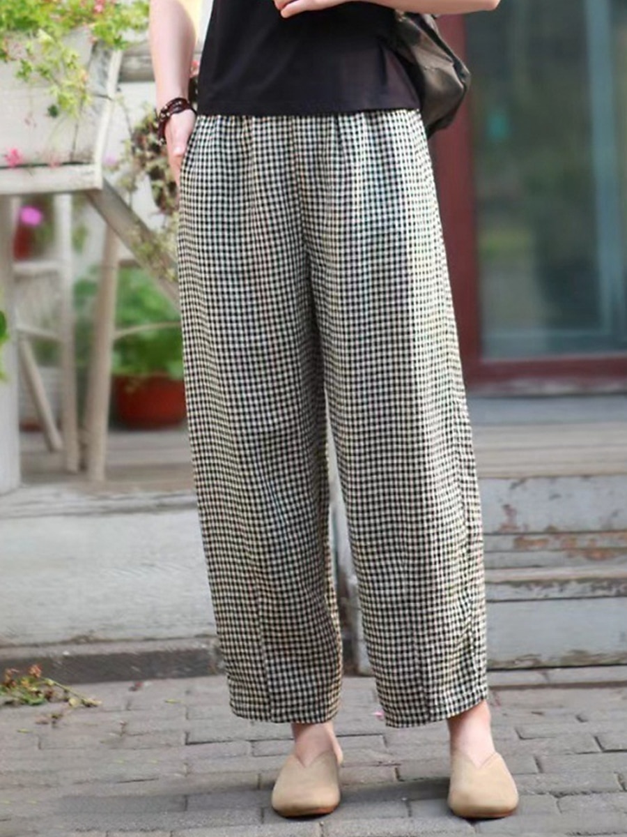 Women's Wide Leg Pants Trousers Linen Cotton Blend Plaid High Waist Full Length Black Fall 2025 - $18.99 –P7