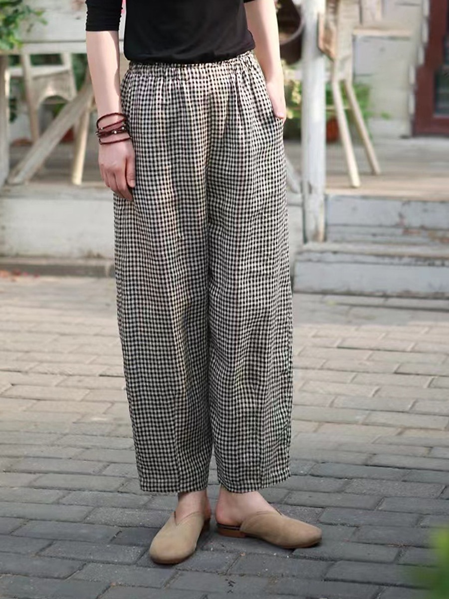 Women's Wide Leg Pants Trousers Linen Cotton Blend Plaid High Waist Full Length Black Fall 2025 - $18.99 –P12