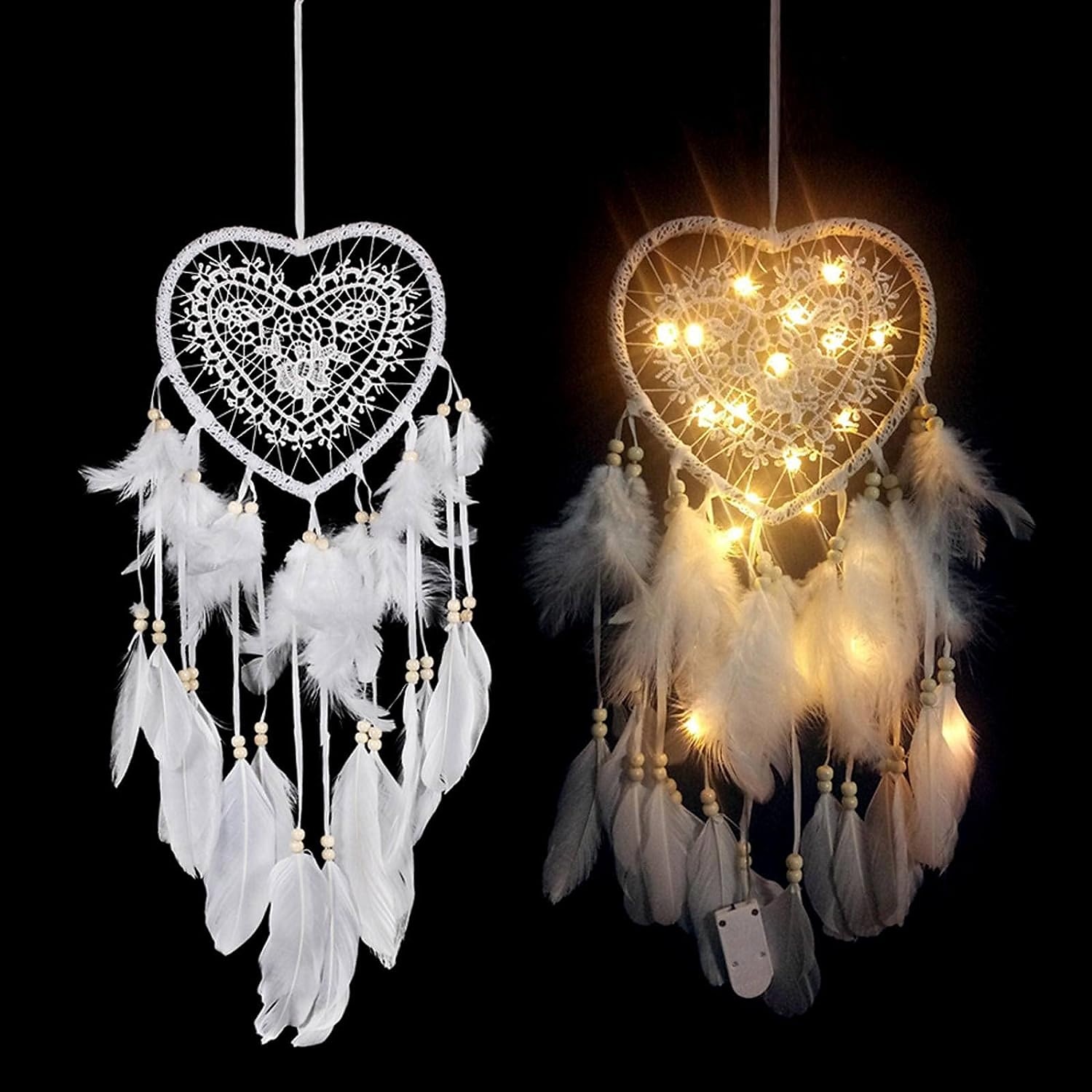 hjärtformade drömfångare med led-ljus handvävda fjäderljus vägg romantisk inredning för alla hjärtans dag julklappar till pojkar flickor barn sovrum dekoration 2025 - $17.49 –P7