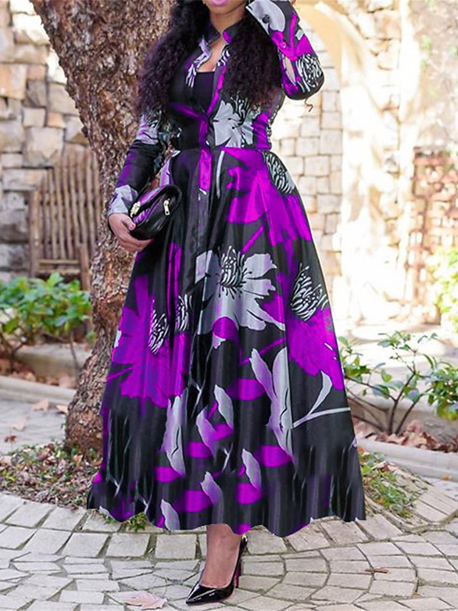 Femme robe longue Robe casual Robe Évasée Robe imprimée Mode Vêtement de rue Mature Extérieur Vacances du quotidien Standard Floral manche longue Col fendu Rouge Violet Vert Bleu de minuit Automne de 2025 ? $32.99 –P4