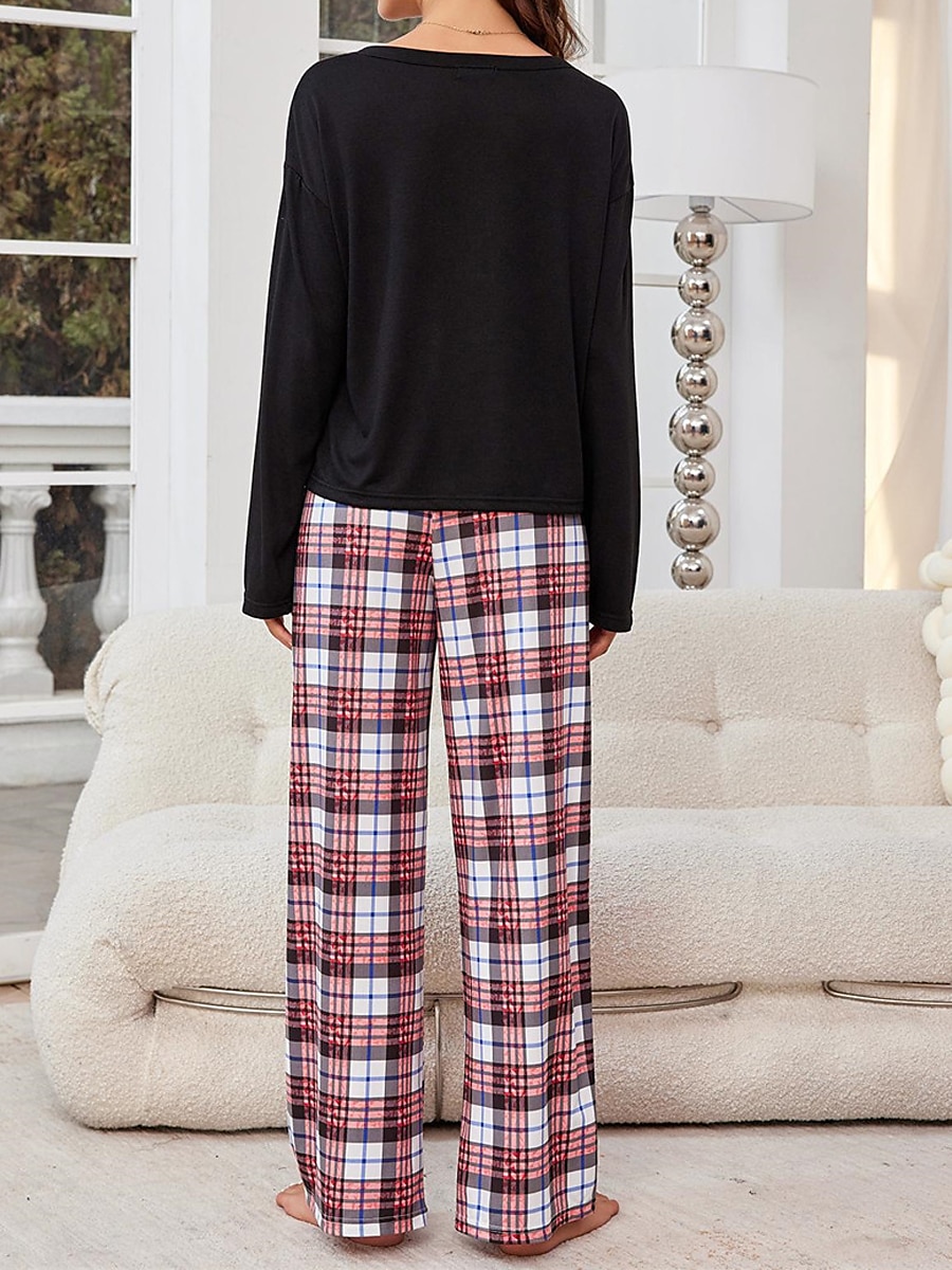 pyjamasset för kvinnor rutnät / pläd avslappnad komfort hemsäng som andas med rund hals långärmad t-shirt t-shirt byxknappficka höst vinter hemkläder 2025 - $27.99 –P6