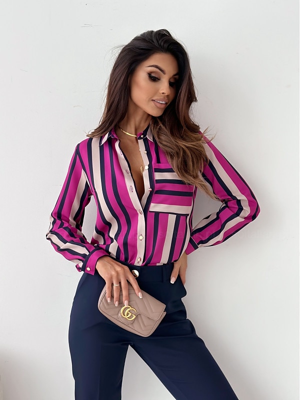 Damen Hemd Bluse Mode gestreift Knöpfe Tasche Druck Langarm normale Oberteile Hemdkragen Arbeit rot königsblau blau fuchsia braun Frühling&amp;  fallen 2025 - $26.99 –P4