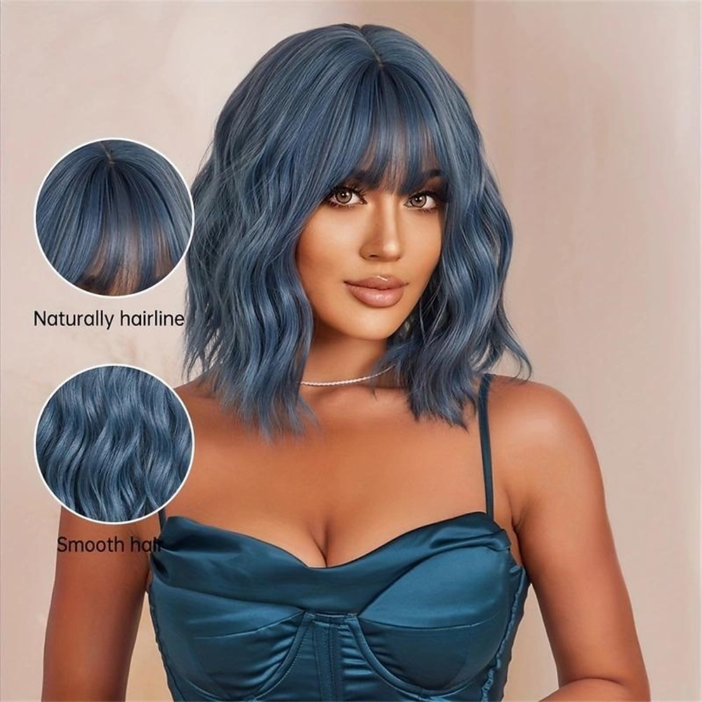 parrucche di capelli ricci ondulati corti blu con frangia parrucche di capelli in fibra sintetica da 14 pollici per le donne parrucche di capelli eleganti per la festa quotidiana cosplay uso di del 2025 a $19.99 –P4