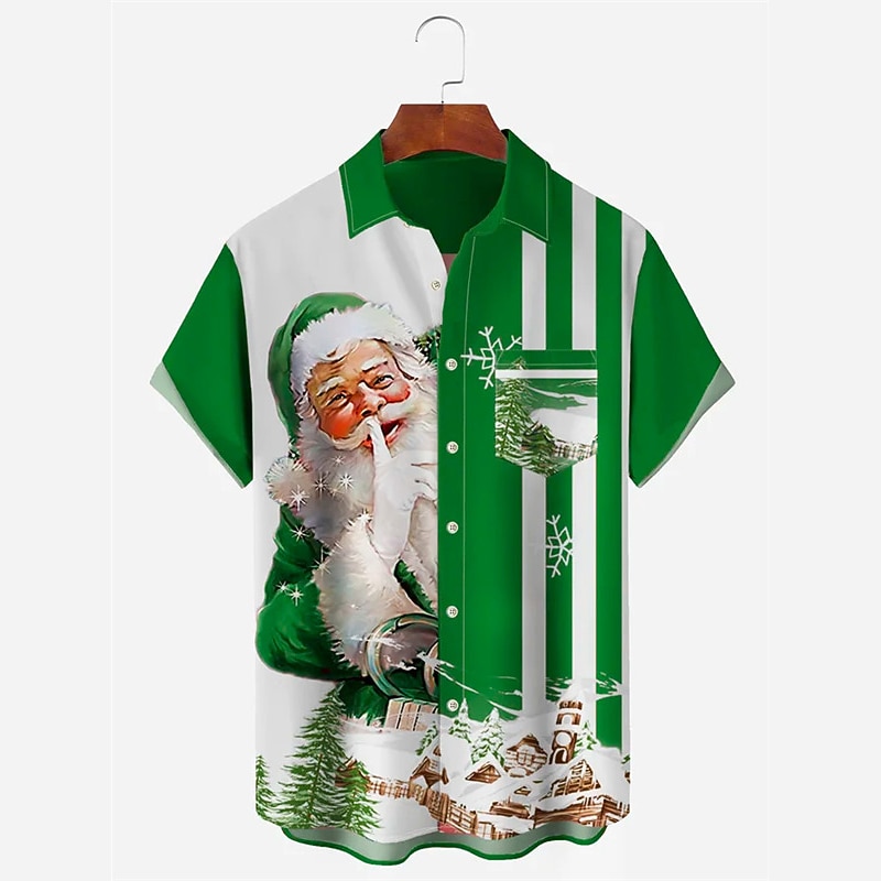 chemises imprimées père noël pour hommes, manches courtes décontractées, tenue quotidienne, sortie week-end, automne / automne, poche rabattue, imprimé boutonné, jaune, rouge, bleu, vert, tissu de 2025 ? $24.99 –P3