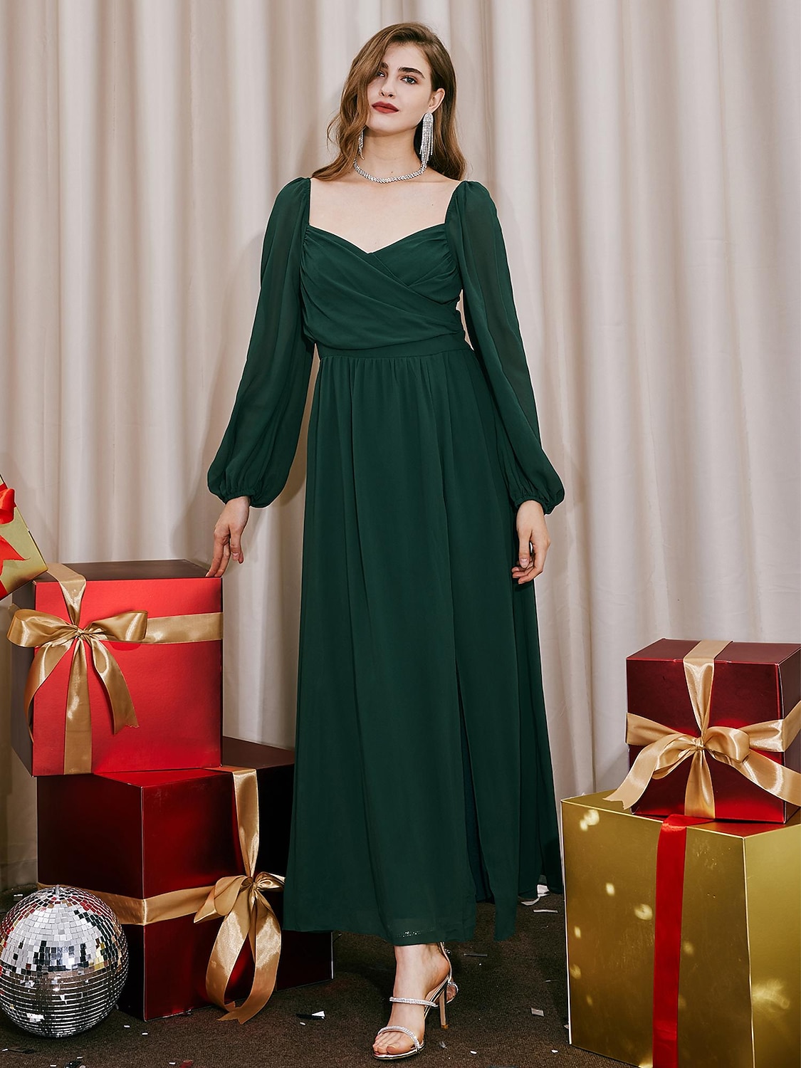 elegantes, gerafftes, geteiltes Maxikleid 2025 - $51.99 –P5