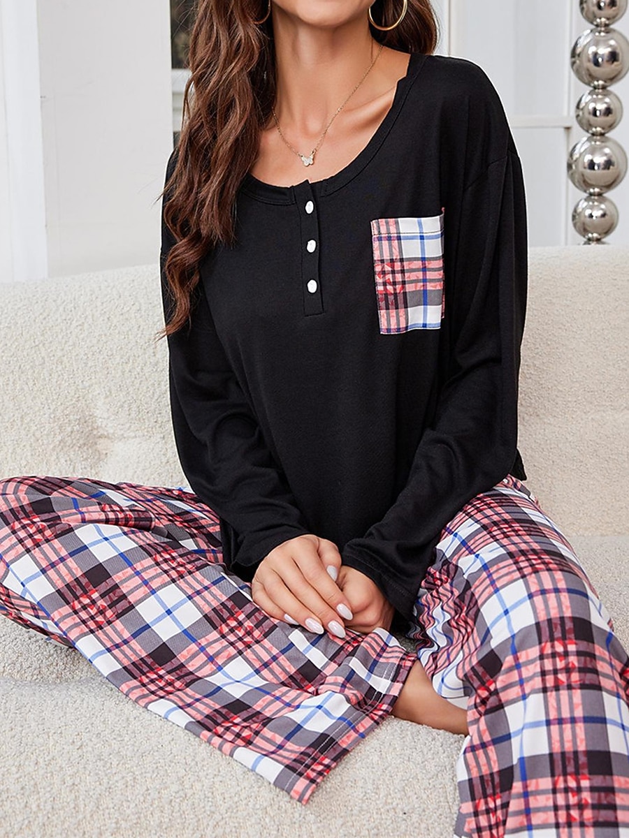 pyjamasset för kvinnor rutnät / pläd avslappnad komfort hemsäng som andas med rund hals långärmad t-shirt t-shirt byxknappficka höst vinter hemkläder 2025 - $27.99 –P2