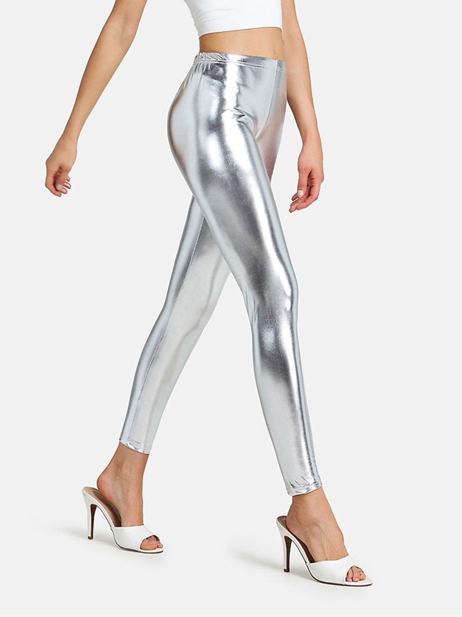 Mulheres Leggings Moda Sensual Comprimento total Cintura Média Tecido Cintura elástica Metálico Brilhante Respirabilidade Macio Confortável Micro-Elástica Bandagem Festa Rua Prata Rosa claro Dourado de 2026 por $22.99 –P10