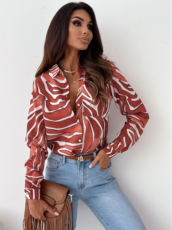 Damen Hemd Bluse Mode gestreift Knöpfe Tasche Druck Langarm normale Oberteile Hemdkragen Arbeit rot königsblau blau fuchsia braun Frühling&amp;  fallen 2025 - $26.99 –P8