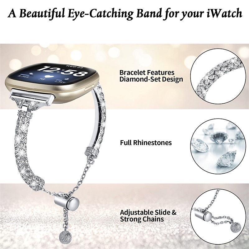 ECSiNG Cinturino per orologio compatibile con Fitbit Versa 3/Sense Smartwatch Wristband con strass lucidi Cinturino di ricambio in metallo, 5.5-8.1inch, Lega di zinco