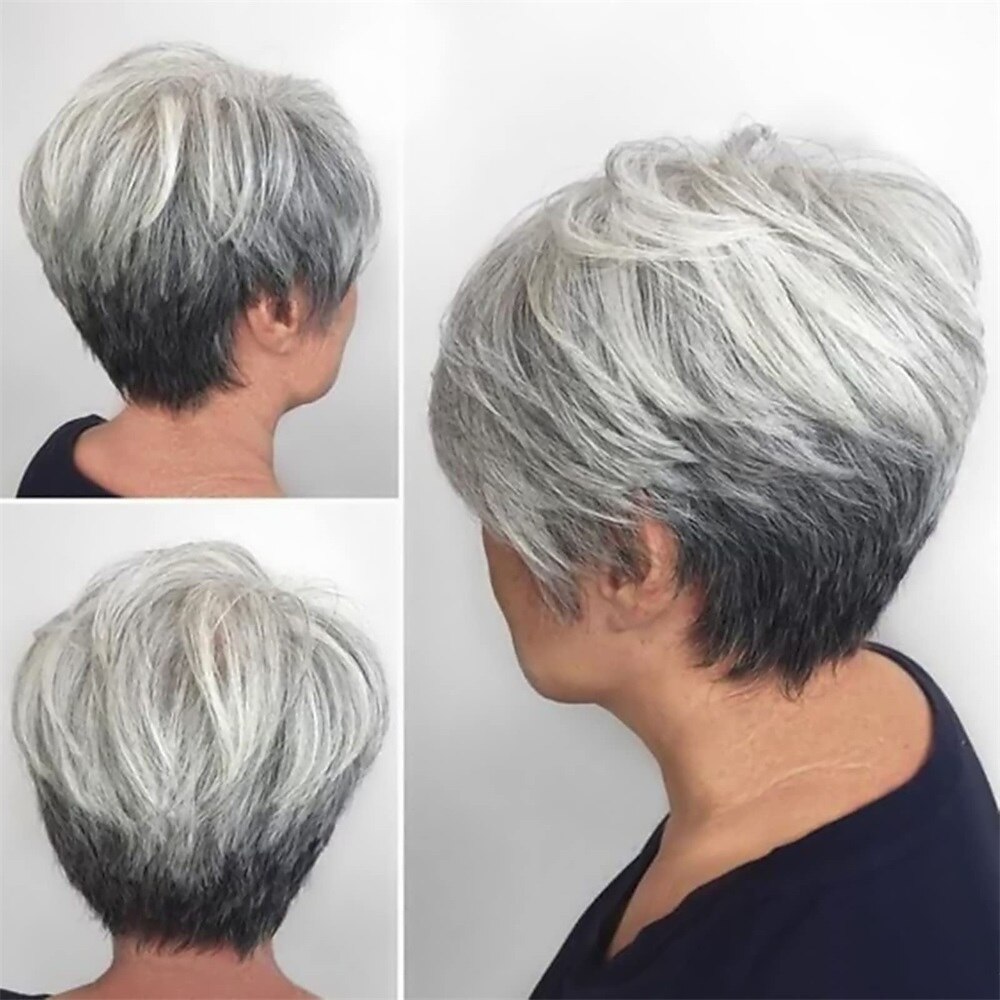 perucas curtas encaracoladas com corte pixie com parte lateral franja perucas gradientes cinza para mulheres brancas ombre peruca de cabelo preto a cinza textura bagunçada em camadas peruca de corte de 2025 por $19.99 –P2
