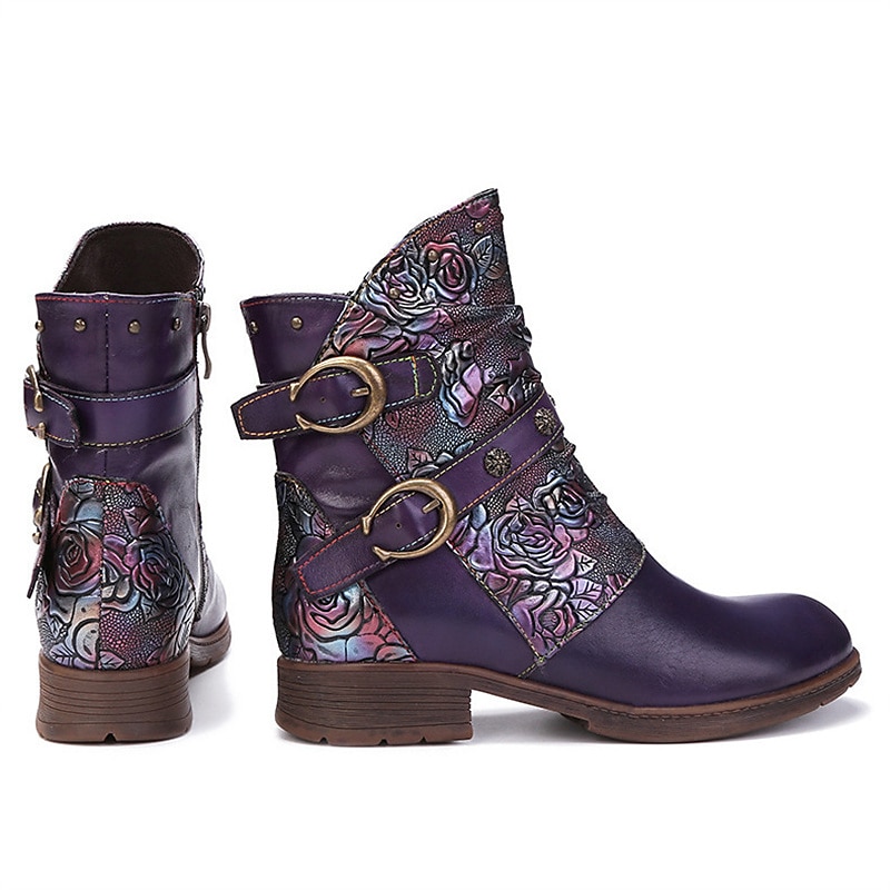 Vintage leren enkellaarsjes met bloemenreliëf voor dames – stijlvol bordeauxrood gespbandontwerp voor casual herfst- en winterkleding 2026 - $99.99 –P8