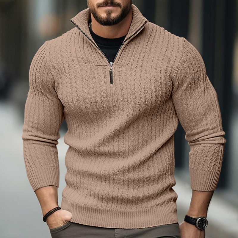 Herren Pullover Herbstpullover Pullover mit Viertelreißverschluss Gerippt Stricken Standard Zip Strick Glatt Ständer Moderne zeitgenössische Arbeit Freizeitskleidung Bekleidung Winter Schwarz 2025 - $32.99 –P3