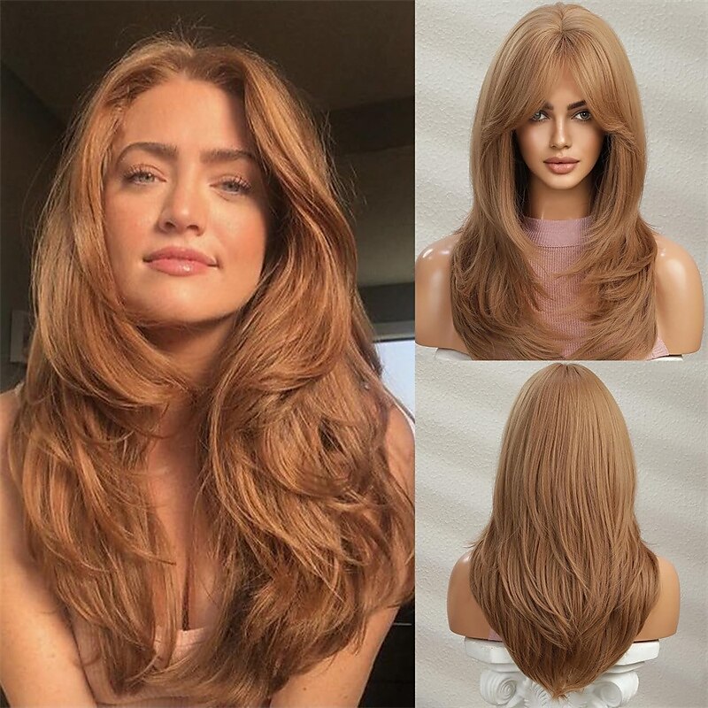 evidenzia parrucca bionda marrone con frangia parrucche diritte naturali di media lunghezza per donne parrucche sintetiche in fibra resistente al calore per cosplay quotidiano del 2025 a $26.99 –P9