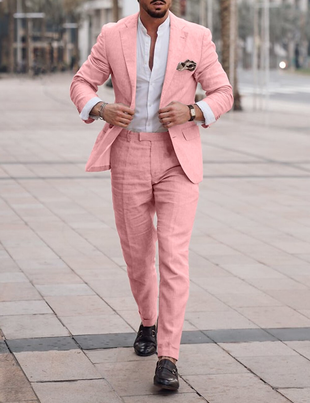 Herr Bröllop Linen Linnekostymer Rodnande Rosa Mörkgrå Solid färg Skräddarsydd passform 2 delar set Singelknäppt 1 Knapp 2025 - $112.99 –P2
